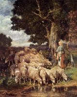Charles Emile Jacque - A Shepherdess with her Flock near a Stream